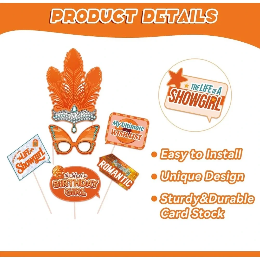 NWT 25pc Birthday Girl Showgirl Photo Booth Props Set Orange Music Party w Frame